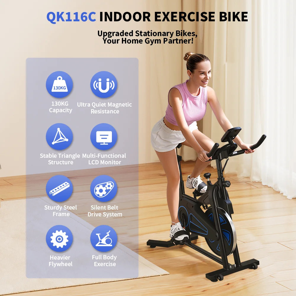 Formill QK116 Indoor Magnetic Spinning Bike, 6KG Flywheel Home Exercise Bike with LCD Display, Adjustable Resistance, Quiet Belt