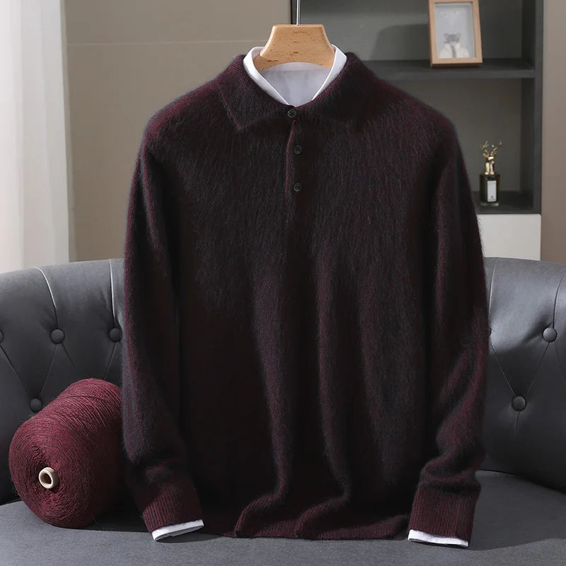2025 Autumn And Winter New Men's Mink Wool Sweater POLO Collar Pullover Business Thick Warm Loose Oversized Knitted Sweater Tops
