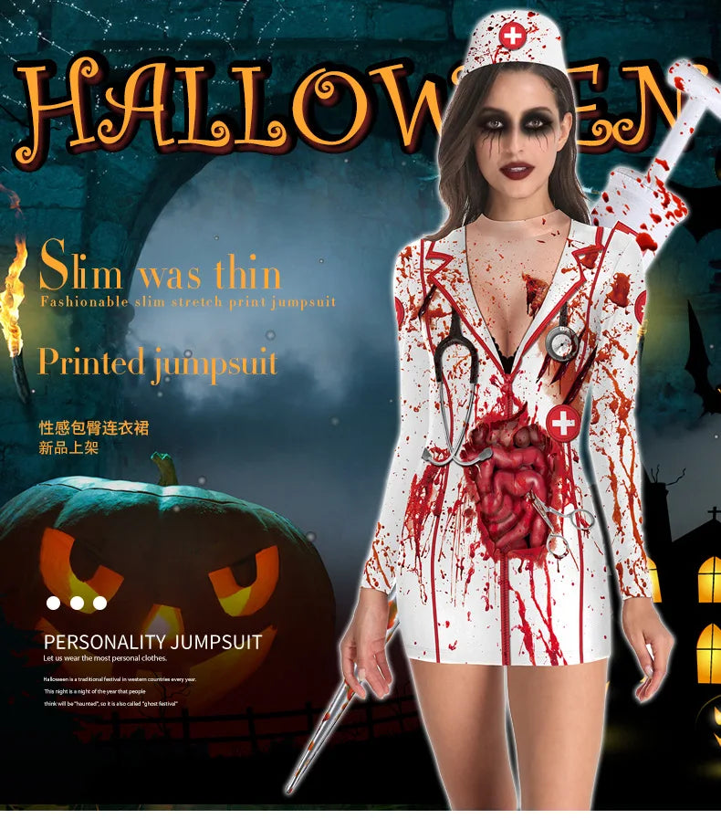 Women's Halloween Costume Dress Cosplay Nurse Costume Uniform Party Sexy Tight Skirt Dress For Female Skeleton Party Carnival