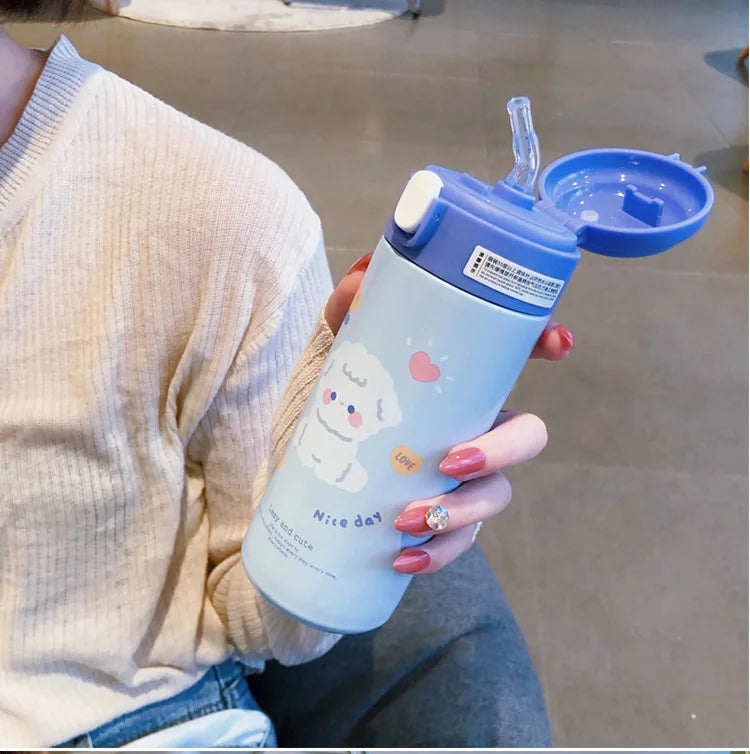 380ML Thermos Vacuum Flask Cute Cartoon 304 Stainless Steel Thermal Water Bottle Insulated Straw Cups Tumbler Drinkware