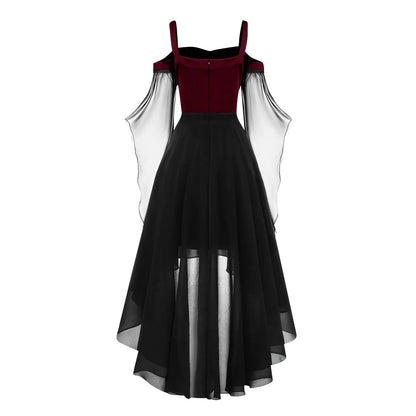 Halloween Witch Cosplay Costumes Women Casual Plus Size Cold Shoulder Dress Solid Color Chiffon Butterfly Sleeve Gothic Dress