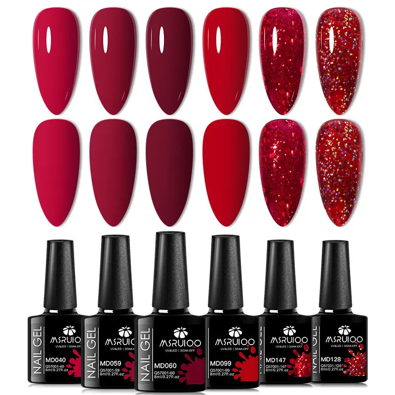 6pc All-season Gel Nail Polish Set Nude Pink Red Glitter Semi Permanent UV Gel Polish Kits All For Manicure Soak Off Vernis