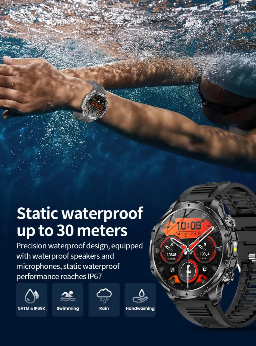 AK75 Smart Watch Flashlight 1.9inch Men Outdoors Sports Fitness Tracker 700mah Large Battery BT Calling LED Light Smartwatch