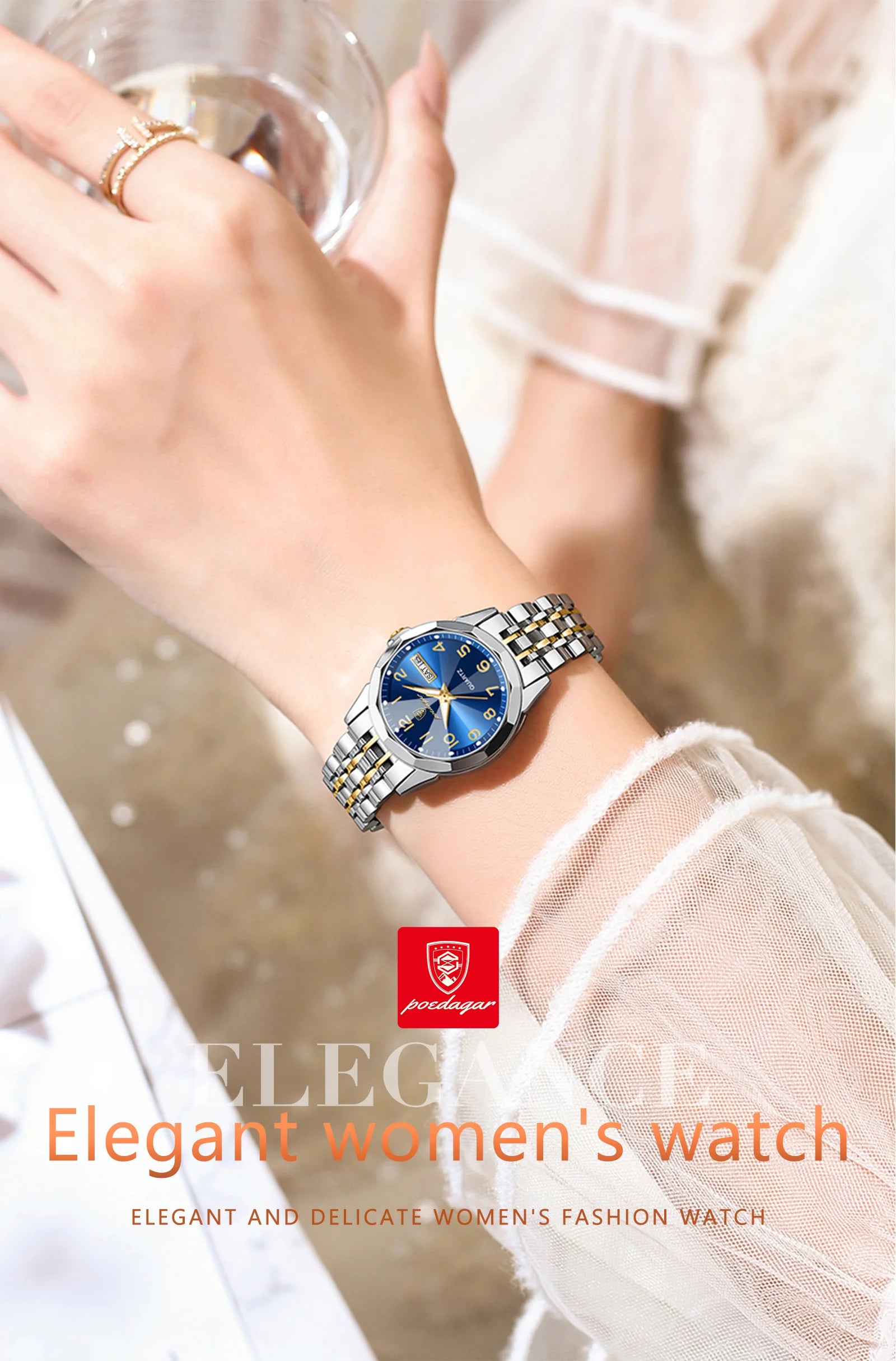 POEDAGAR Fashion Ladies Watch Waterproof Luminous Date Week Watch for Woman High Quality Stainless Steel Women's Quartz Watches