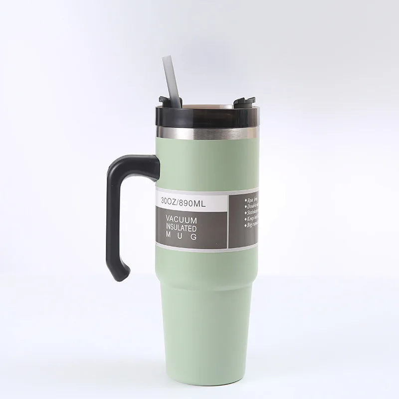 20oz/30oz Stainless Steel Car Thermos Bottle Travel Sports Water Bottle Large Capacity with Handle Straw Mug Outdoor Coffee Cup