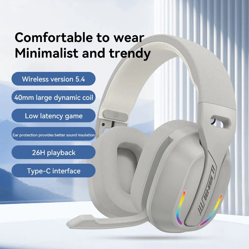 B500 Over Ear Headset Bluetooth5.4 Wireless Stereo Gaming Earphone Built-in Mic RGB Light Low Latency Headphone For PC