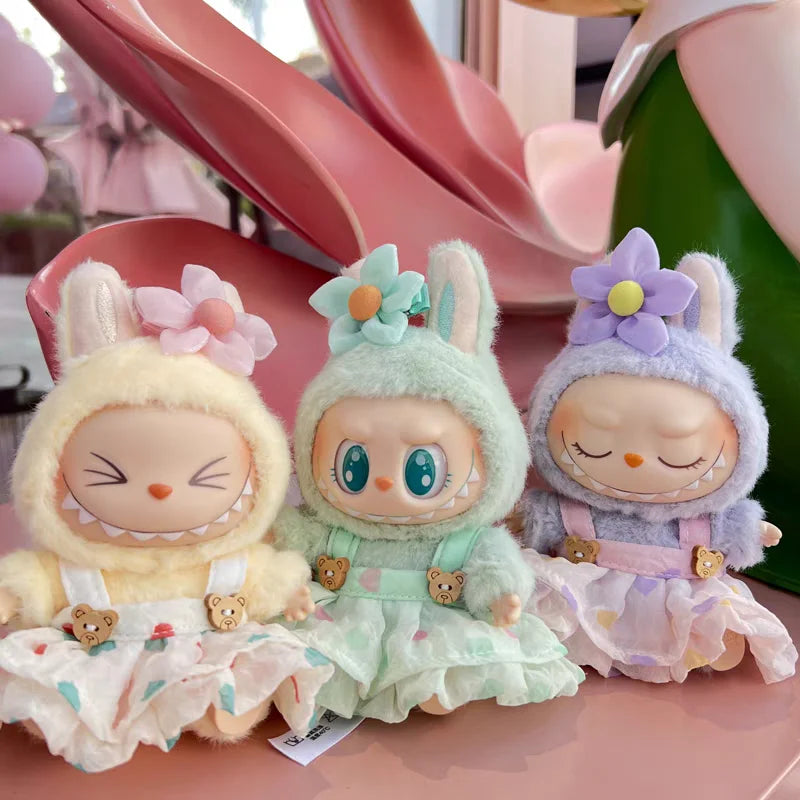 For 17cm Labubu Doll Outfit Wrinkled Skirt Flower Hairpin Set Fisherman Hat Labubu Clothes Ropa Labubu