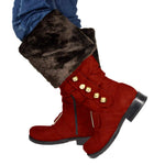 Christmas Santa Claus Boots Men Cosplay New Year Red Black Leather Shoes White Plush Cuffs Foot Halloween Xmas Winter Boots