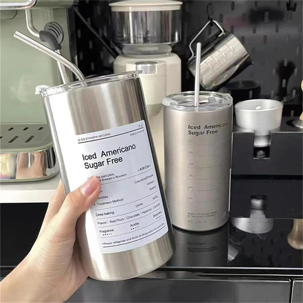 600ml Thermos Portable Stainless Steel Coffee Cup Thermos Bottle with Straw Insulation Drinkware Does Not Contain BPA