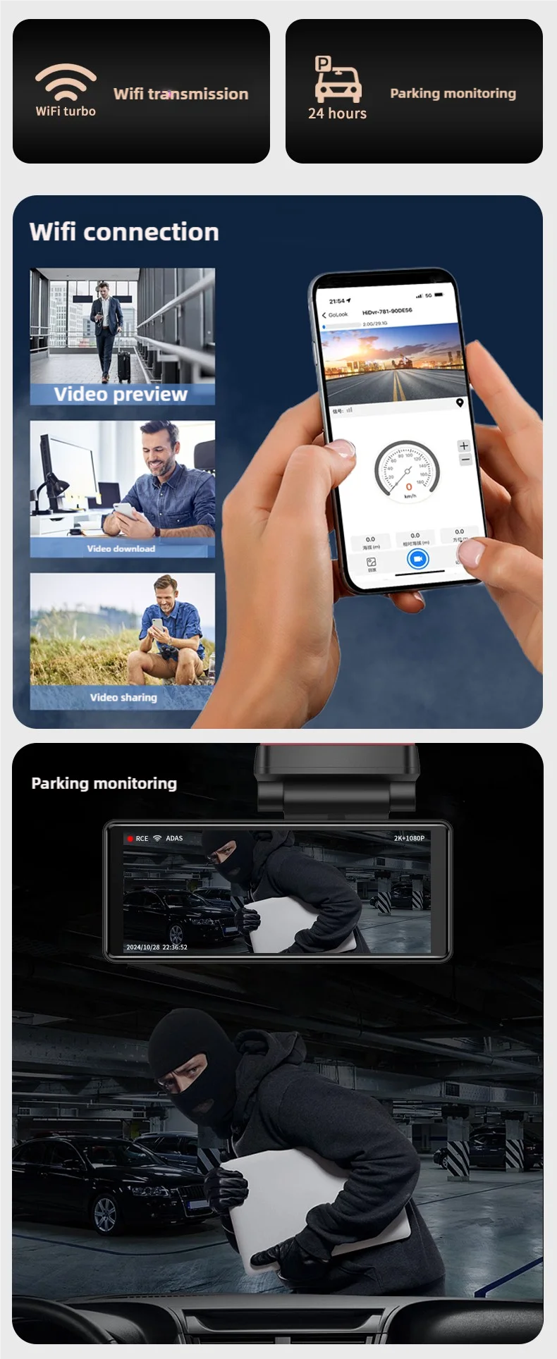 4K HD Dual Lens Dash Cam Car DashCam 3.16 IPS Screen 2K 1080P Camera Recording WiFi GPS Parking Monitoring ADAS Loop Recording