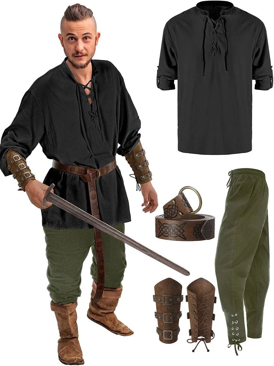 Retro Vintage Medieval Renaissance Pants Outfits Waist Belt Shirt Arm Guards Pirate Men's Cosplay Costume Halloween