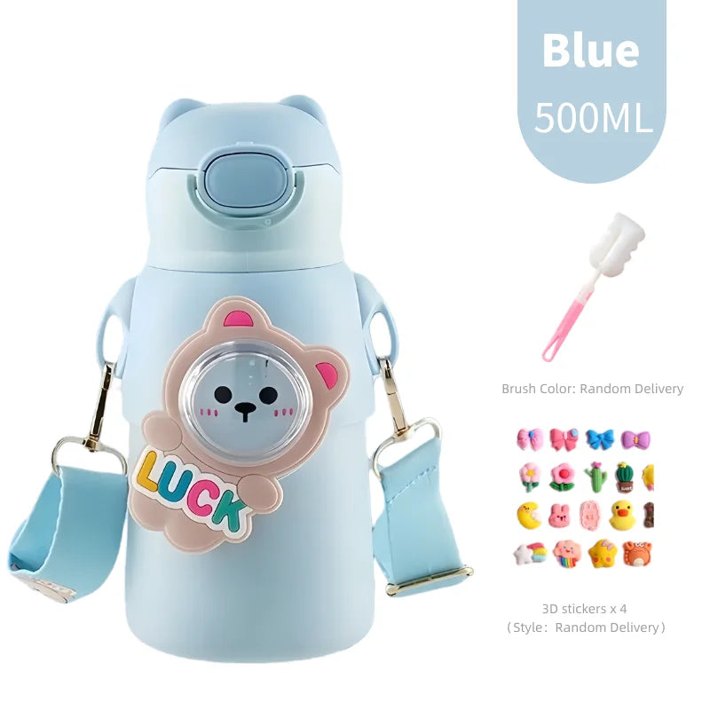 400/500ML Kids Water Bottle Cartoon Dinosaur Thermos Mug Baby Duck Billed Straw 316 Stainless Steel Vacuum Flasks Thermos Bottle
