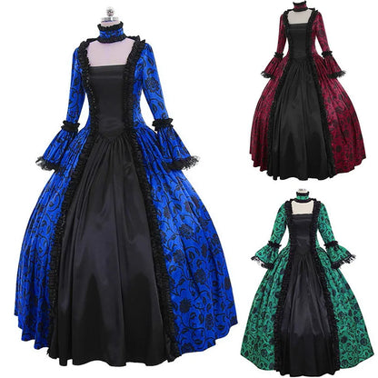 Women Vintage Exquisite Dress Gothic Retro Floral Print Ball Gowns Dress Medieval Renaissance Court Dress Halloween Costume