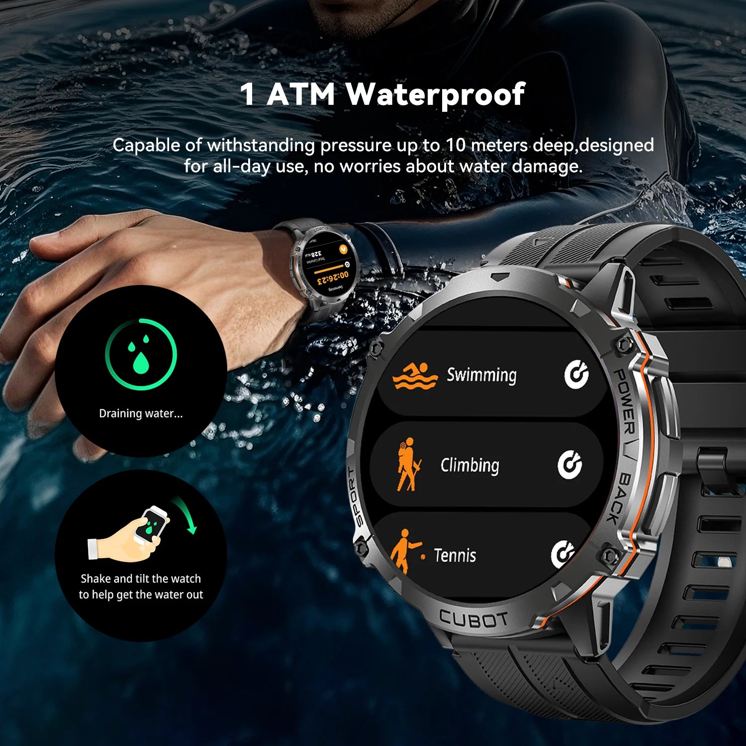 Cubot X3, Sport Waterproof Smartwatch, 1.73-inch AMOLED Display, Bluetooth Calls, 900mAh Battery, Blood Oxygen, Fitness Tracker