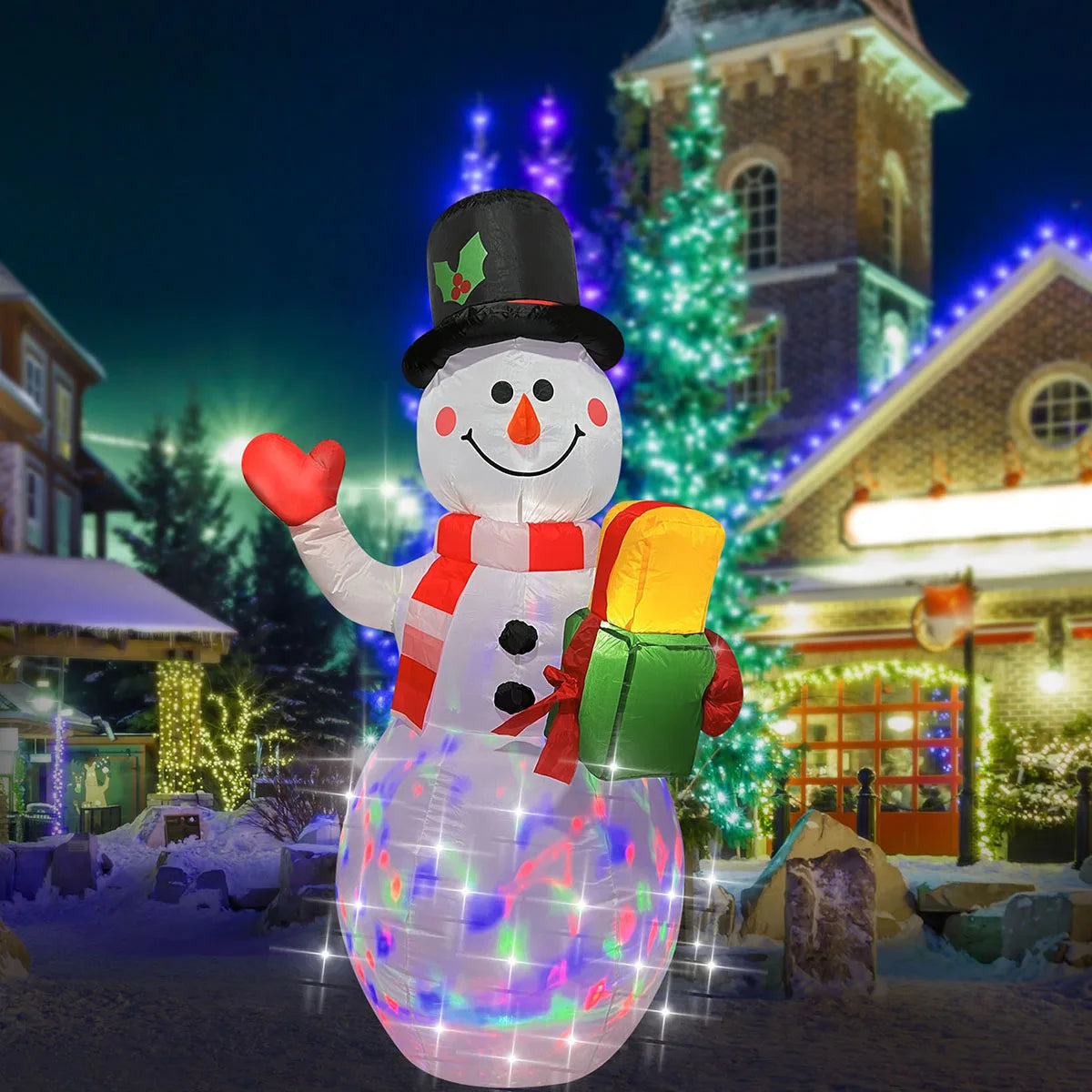 Christmas Inflatable Decorations - Branch Snowman, Santa Claus, Gingerbread Man, Gift Bag Snowman LED Light Lawn Decorations