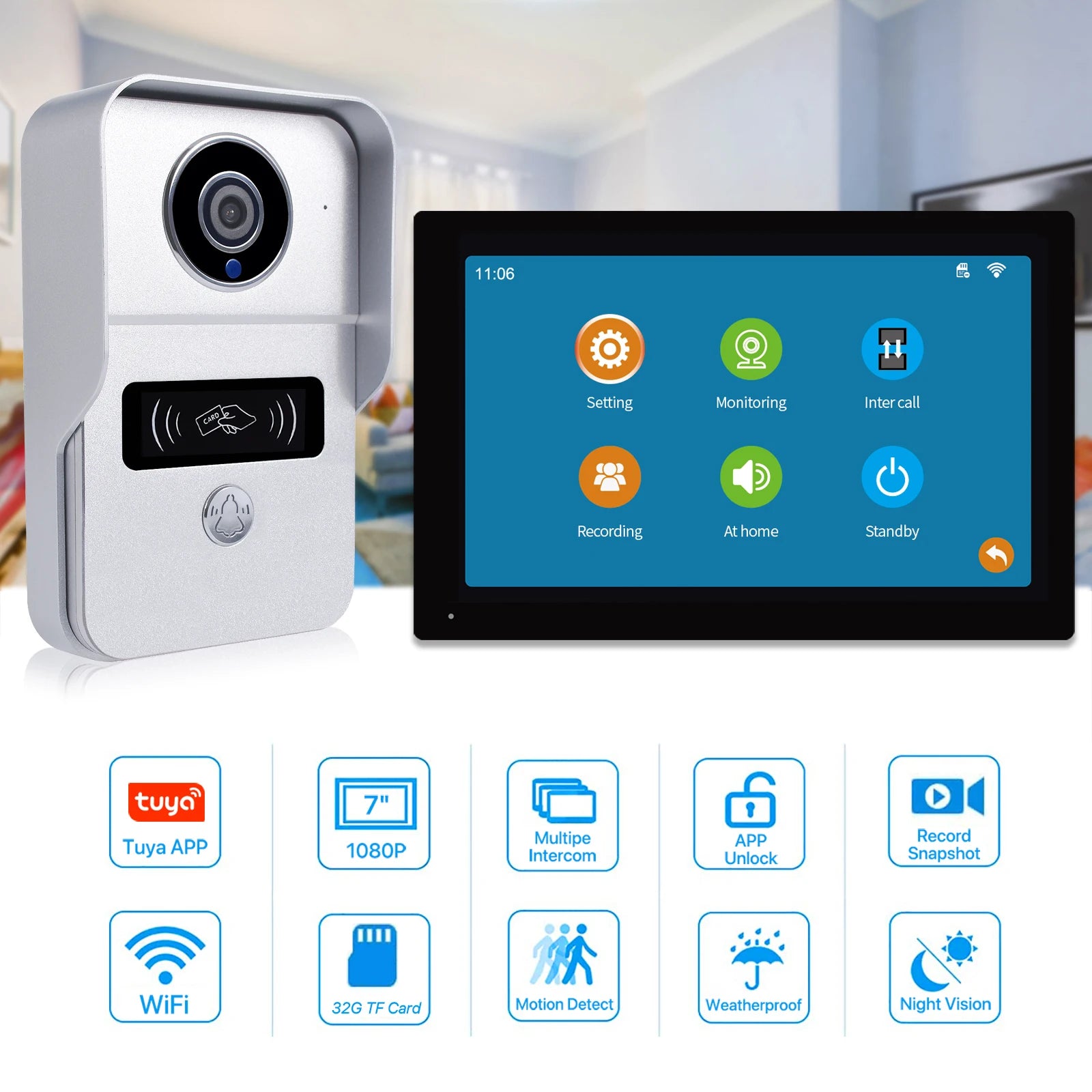 Wireless Wifi Video Doorbell System, 1080P Doorphone Door Camera, 7 Inch Touch Screen, Video Intercom 32GB card for Home 4 Wire