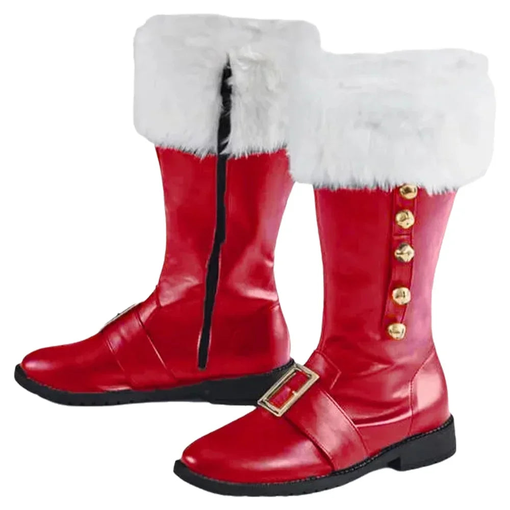 Christmas Santa Claus Boots Men Cosplay New Year Red Black Leather Shoes White Plush Cuffs Foot Halloween Xmas Winter Boots