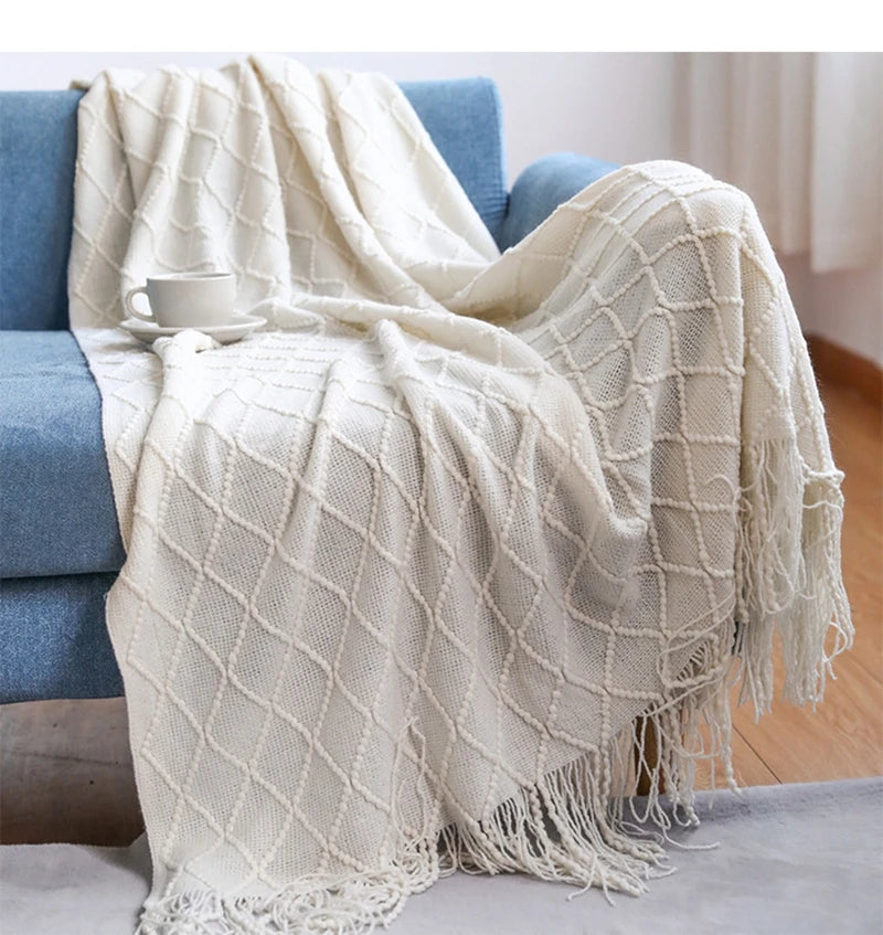 Khaki Gift Knitted Blanket with Tassels Chunky Vintage Luxury Farmhouse Throw Bedspread Oversized Blanket Cover Manta Para Sofá