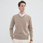 V-Neck Men's 100% Pure Wool Pullover Knitted Sweater, Business Casual Solid Color Simple Long Sleeved Fashionable Loose Warm Top