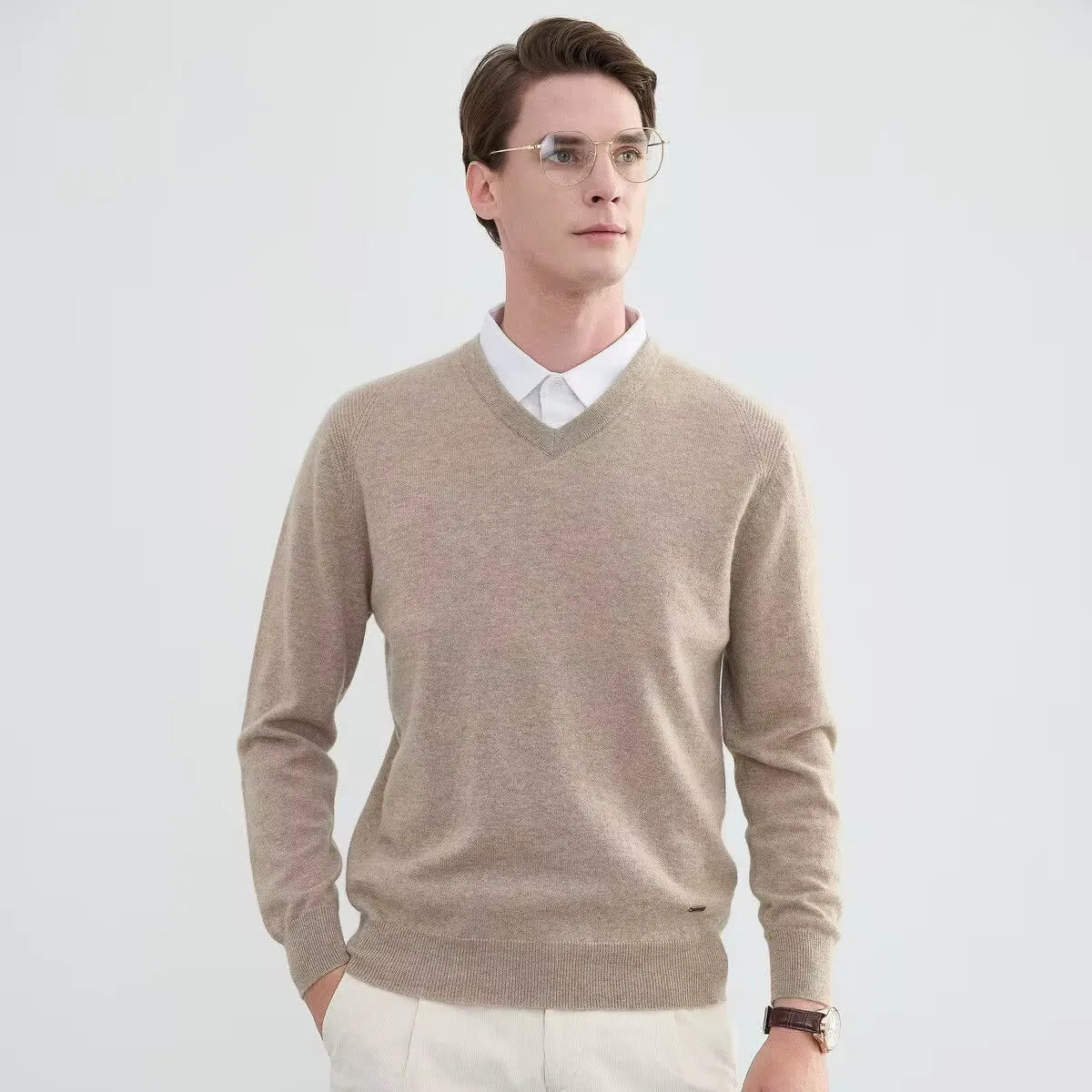 V-Neck Men's 100% Pure Wool Pullover Knitted Sweater, Business Casual Solid Color Simple Long Sleeved Fashionable Loose Warm Top