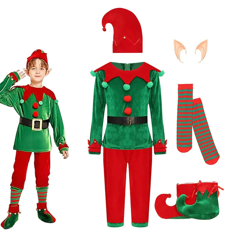 2-12 Yrs Kid Deluxe Christmas Elf Costume 7 Pieces Green Red Elevs Suit Top+Pants+Socks+Hat+Belt+Shoes Covers+Ears Santa Uniform