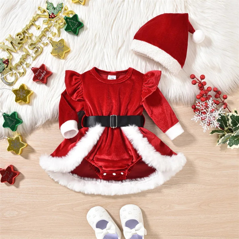 Christmas Party Baby Girls Clothes Cute Princess Velvet Newborn Romper Dress Winter Long Sleeve Santa Jumpsuit Hat Infant Outfit