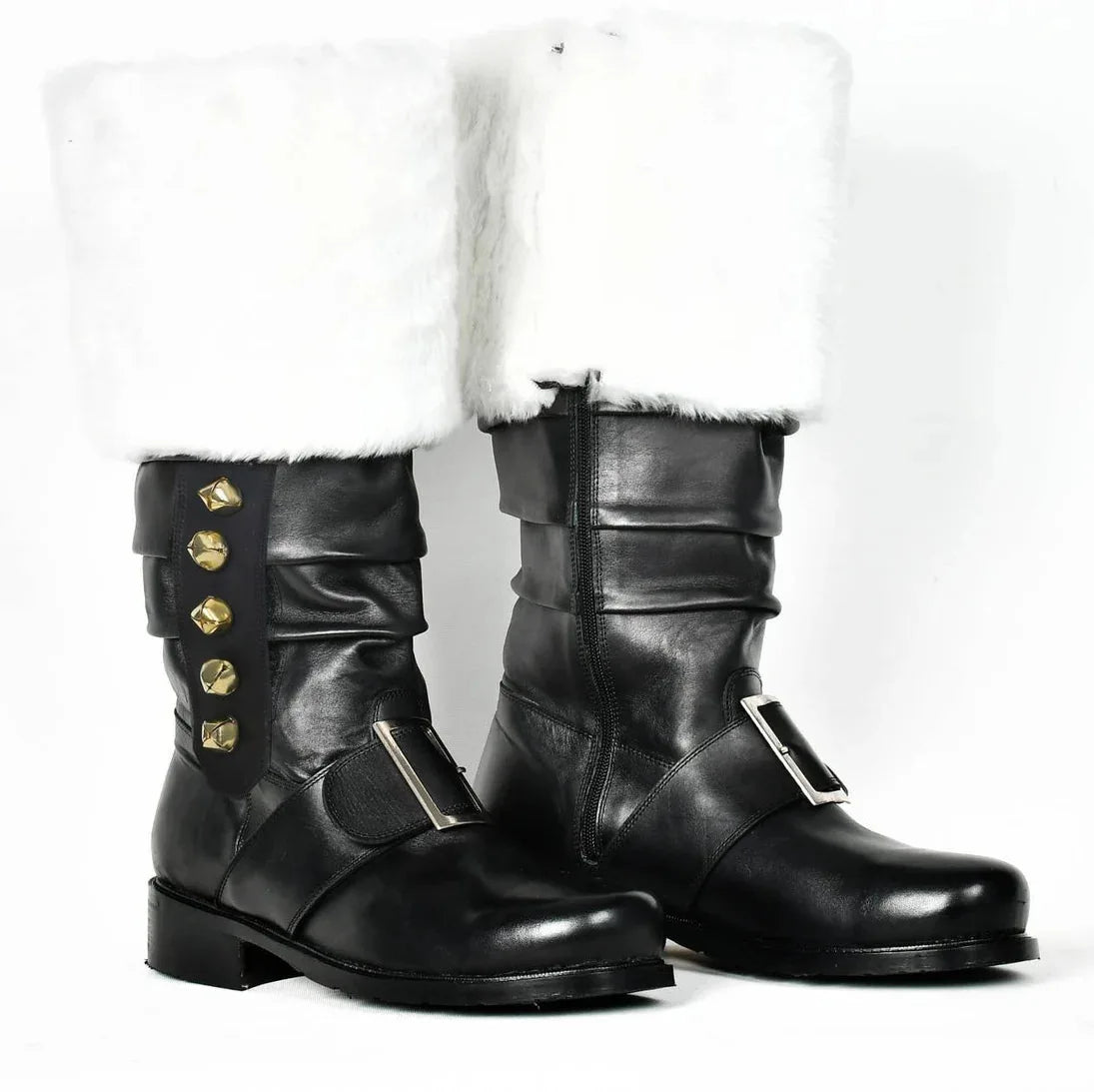 Christmas Santa Claus Boots Men Cosplay New Year Red Black Leather Shoes White Plush Cuffs Foot Halloween Xmas Winter Boots