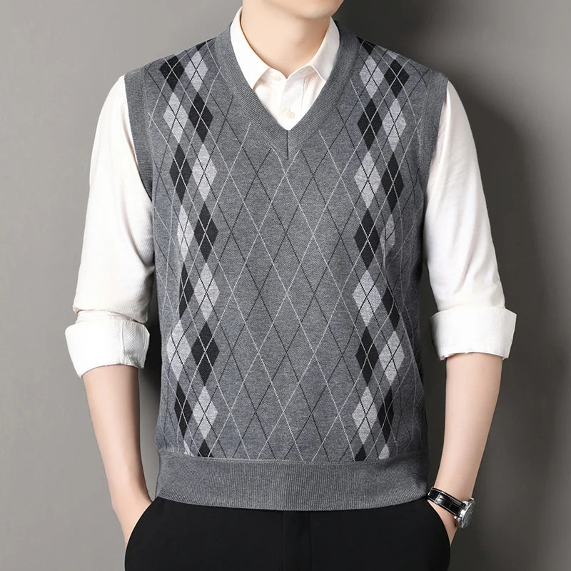 Cardigan Sweater Vests Men Autumn Winter Fleece Knitted Waistcoat Argyle Plaid Smart Causal Fashion Knit Sleeveless Sweater Vest