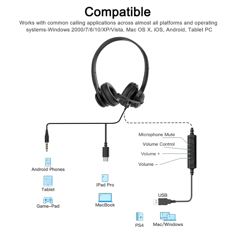 Wired USB Headset Call Center Headphones with Microphone Noise Cancelling Over Gaming Over-Ear Headsets for Computer PC Laptop