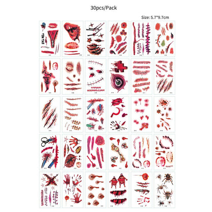 30pcs Waterproof Halloween Tattoo Stickers Bleeding Wound Scar Temporary Tattoos for Women Men Fake Tattoo For Halloween Party