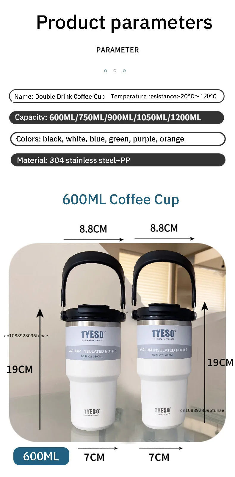 Tyeso 600/750/900ML Car Coffee Cup Thermo Bottle with Straw Portable Sport Insulated Vacuum Flask Travel Thermal Water Bottle