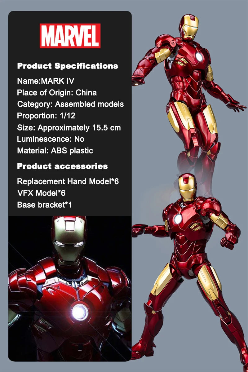 Fondjoy Marvel Iron Man MK1 Assemble Toy ABS Material First Generation Iron Man 1/12 Action Figures Toy Birthday Gifts for Boys