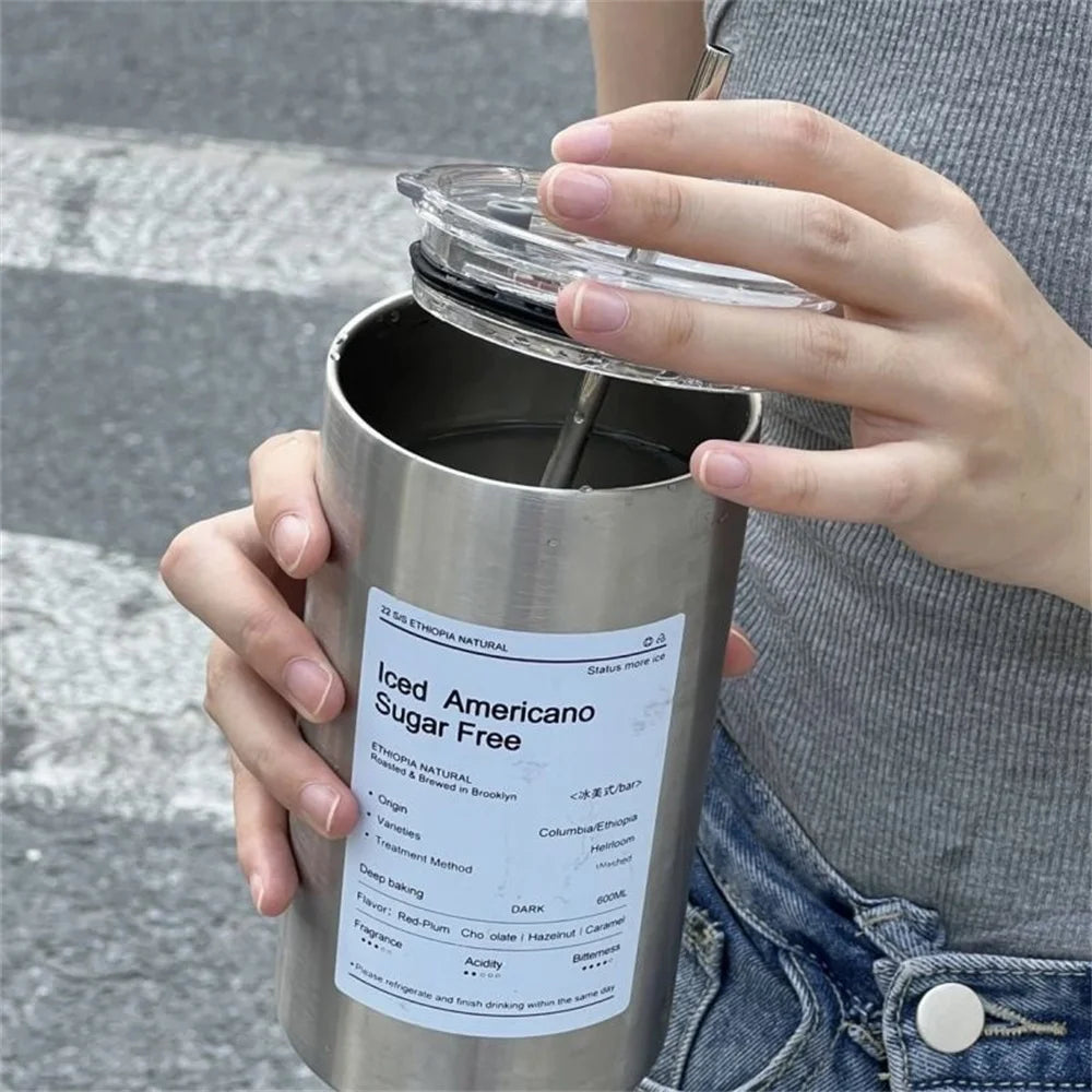 600ml Thermos Portable Stainless Steel Coffee Cup Thermos Bottle with Straw Insulation Drinkware Does Not Contain BPA