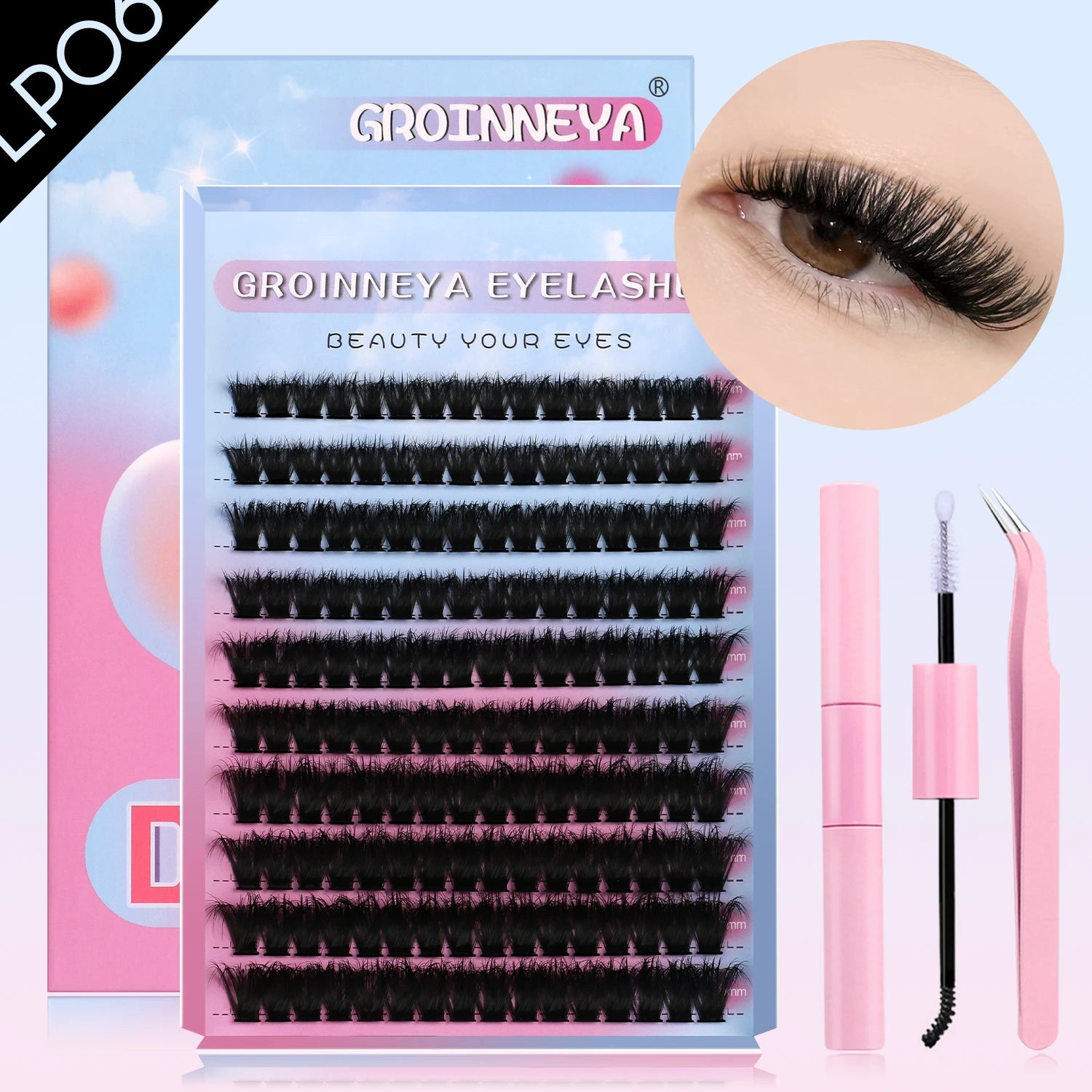 GROINNEYA DIY Lash Clusters Set Mixed Tray Lashes Kit Fluffy Individual Lashes Extension with Lash Bond and Seal At Home Makeup