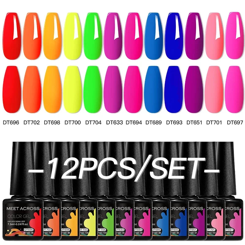 MEET ACROSS 12Pcs Gel Nail Polish Set 7.3ml Pink Blue Neon Macaron Color for Nails UV Gel LED Nail Art  Varnish Manicure Kit
