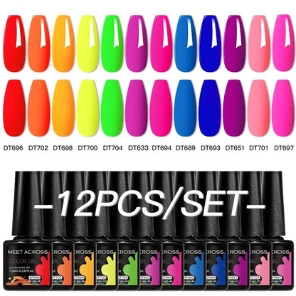 MEET ACROSS 12Pcs Gel Nail Polish Set 7.3ml Pink Blue Neon Macaron Color for Nails UV Gel LED Nail Art  Varnish Manicure Kit
