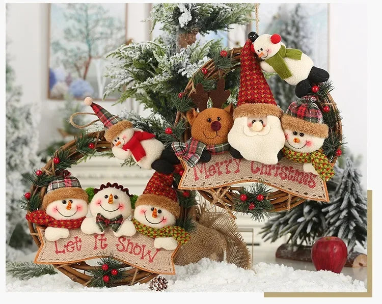 Christmas Vine Ring Wreath Cartoon Santa Claus Elk Snowman Rattan Xmas Wreath Hanging Pendant Noel Navidad Merry Christmas Decor
