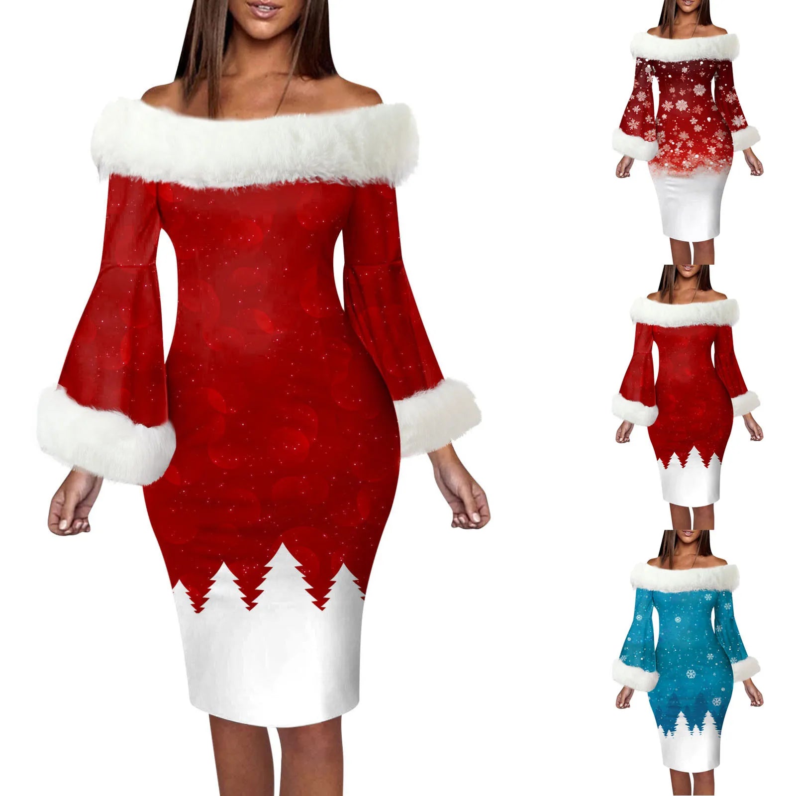Christmas Party Dresses For Women Autumn Winter Plush Off Shoulder Long Sleeve Dress Xmas Elegant Robe Evening Gowns Vestidos