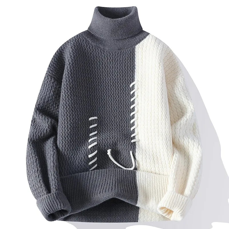 Autumn Winter Men's Knitted Turtleneck Sweater Fashion Patchwork Casual Knit Pullovers Men Loose Warm Pull Sweaters Streetwear