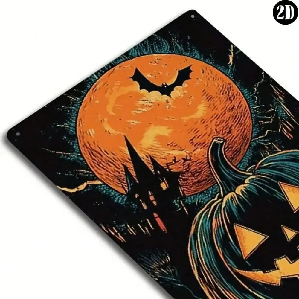 1pc Retro Halloween Metal Sign - Pumpkin Lantern/Ghost Castle Artwork, Horror Theme (Moon+Bats), Durable Decor for Bar Cafe