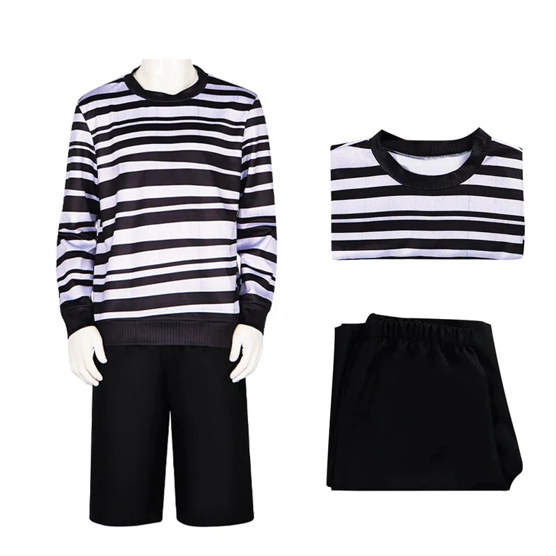 Movie Pugsley Costume Boys Black and White Striped Shirt Wednesday Addams Family Dress Gothic Cosplay Halloween Outfit for Men