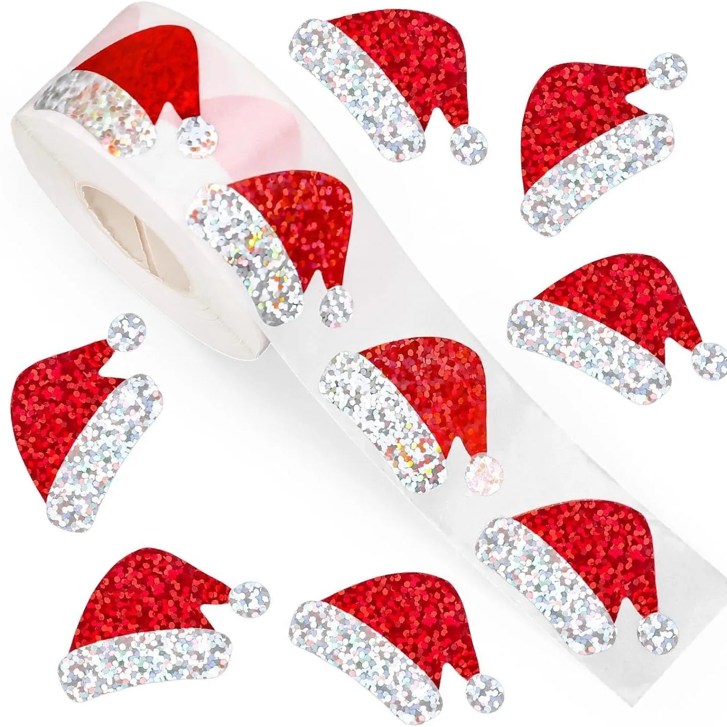 500Pcs Christmas Hat Stickers Roll Laser Red Santa Hat Seal Stickers Xmas Decals for Envelope Journal Decor Party Supplies,3cm