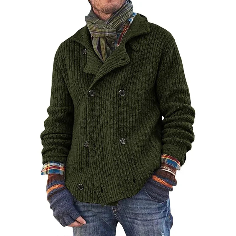 Men Sweater Coat Spring Solid Color Cardigan Straight Knit Coat Male Casual Long Sleeve Double Breasted Turn-down Collar Sweater