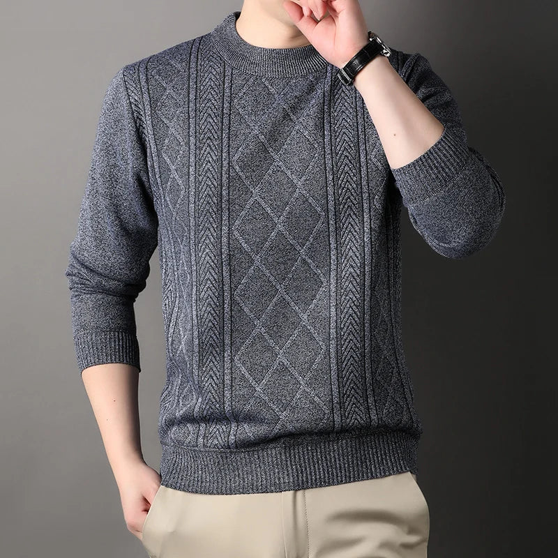 Autumn Winter Men's Fleece Knit Pullovers Solid Color O-Neck Warm Knitted Sweater Men Fashion Smart Casual Pullover Sweaters