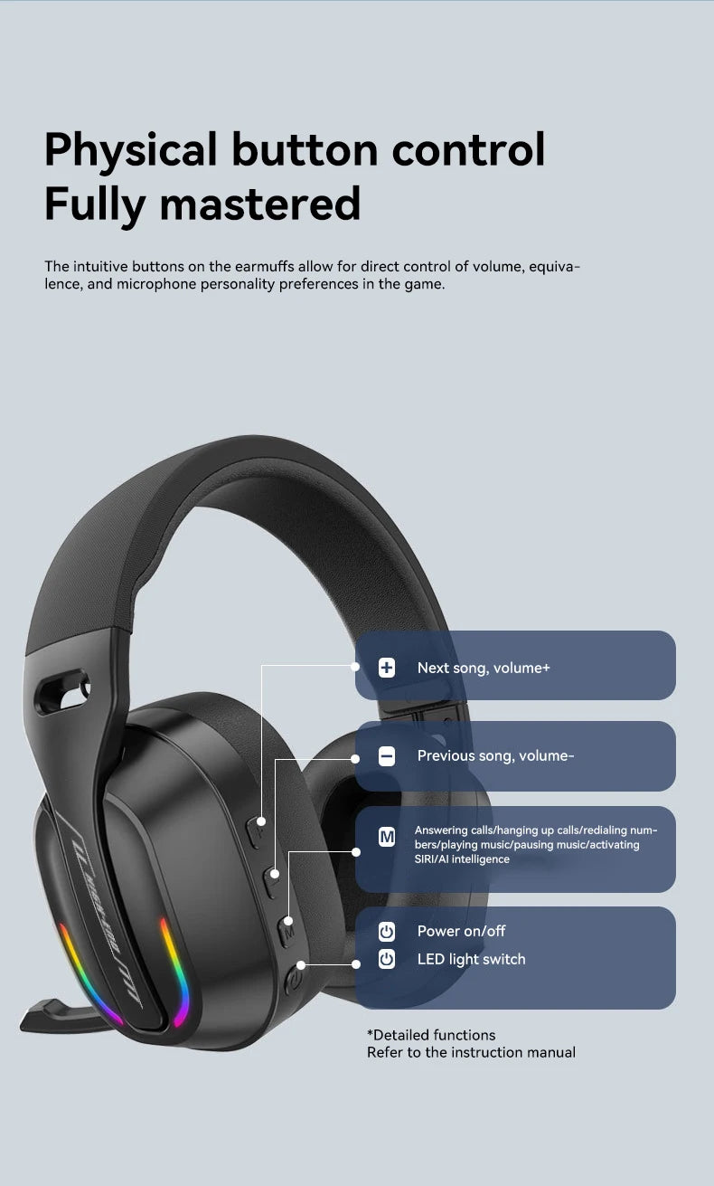 B500 Over Ear Headset Bluetooth5.4 Wireless Stereo Gaming Earphone Built-in Mic RGB Light Low Latency Headphone For PC