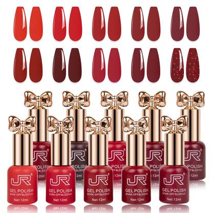 JR10pcs 12ml gel nail polish set Including Red Pink Nude Gel Polish Kit UV LED Soak Off Polish Home DIY top coat base coat gifts