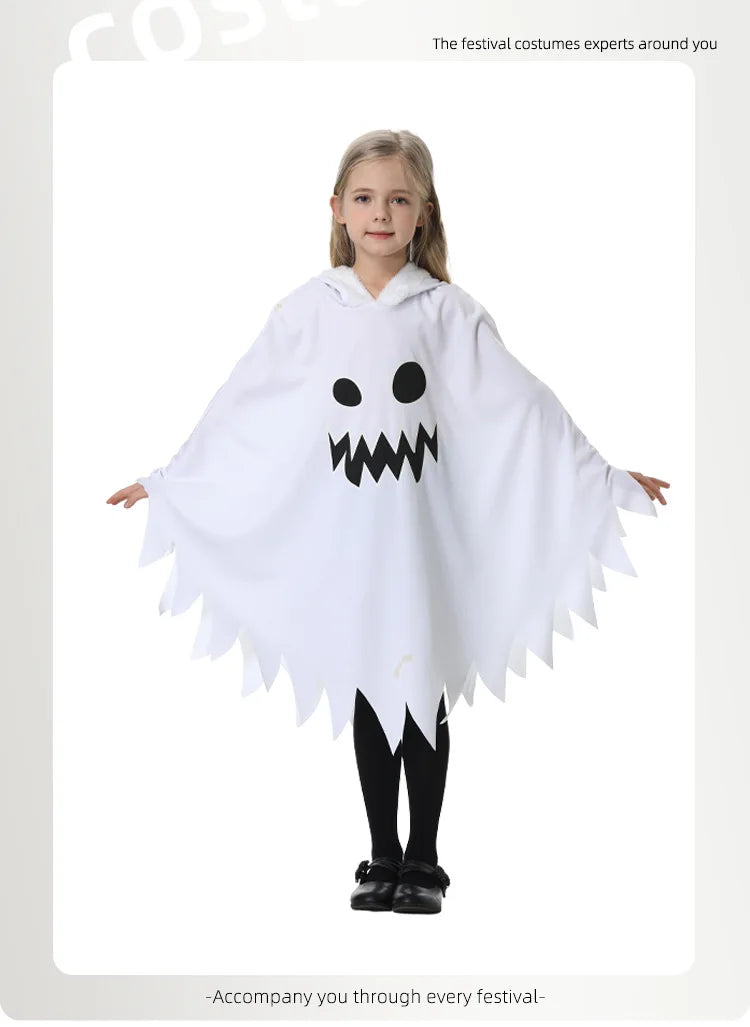 Halloween Kids Cosplay Costume White Black Luminous Ghost Luminous Face Cape Shawl Party Dress-Up Costume Boys Cape Girl Skirt