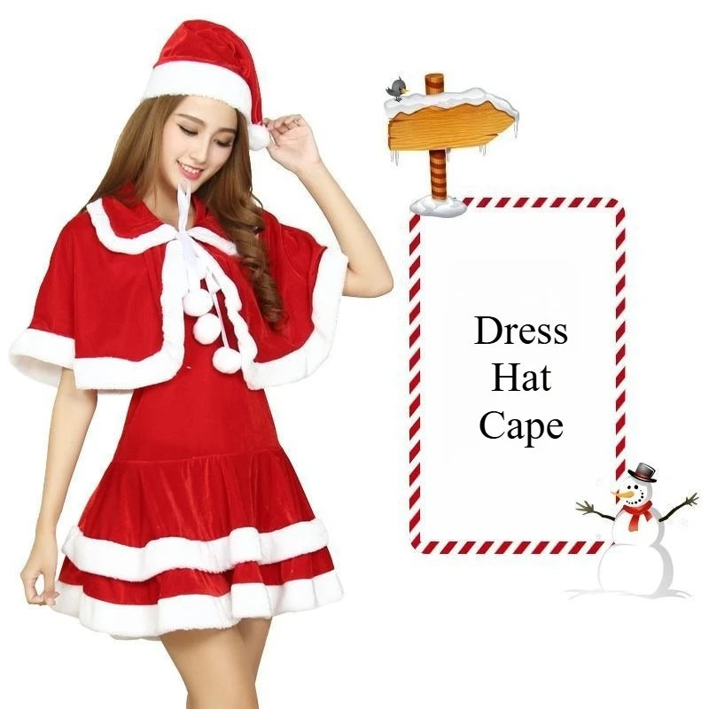 Christmas Outfits for Women Sexy Christmas Fancy Party Dress with Cape Hat 3Pcs Velvet Santa Costume Xmas Babydoll Cosplay