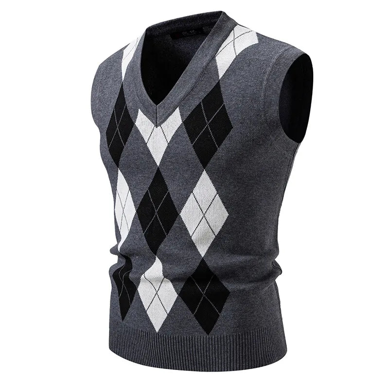 Men's Sleeveless Knit Vests Fashion Geometric Knitted Pullovers Men V-Neck Smart Casual Sweater Tank Tops Knitting Mens Clothing