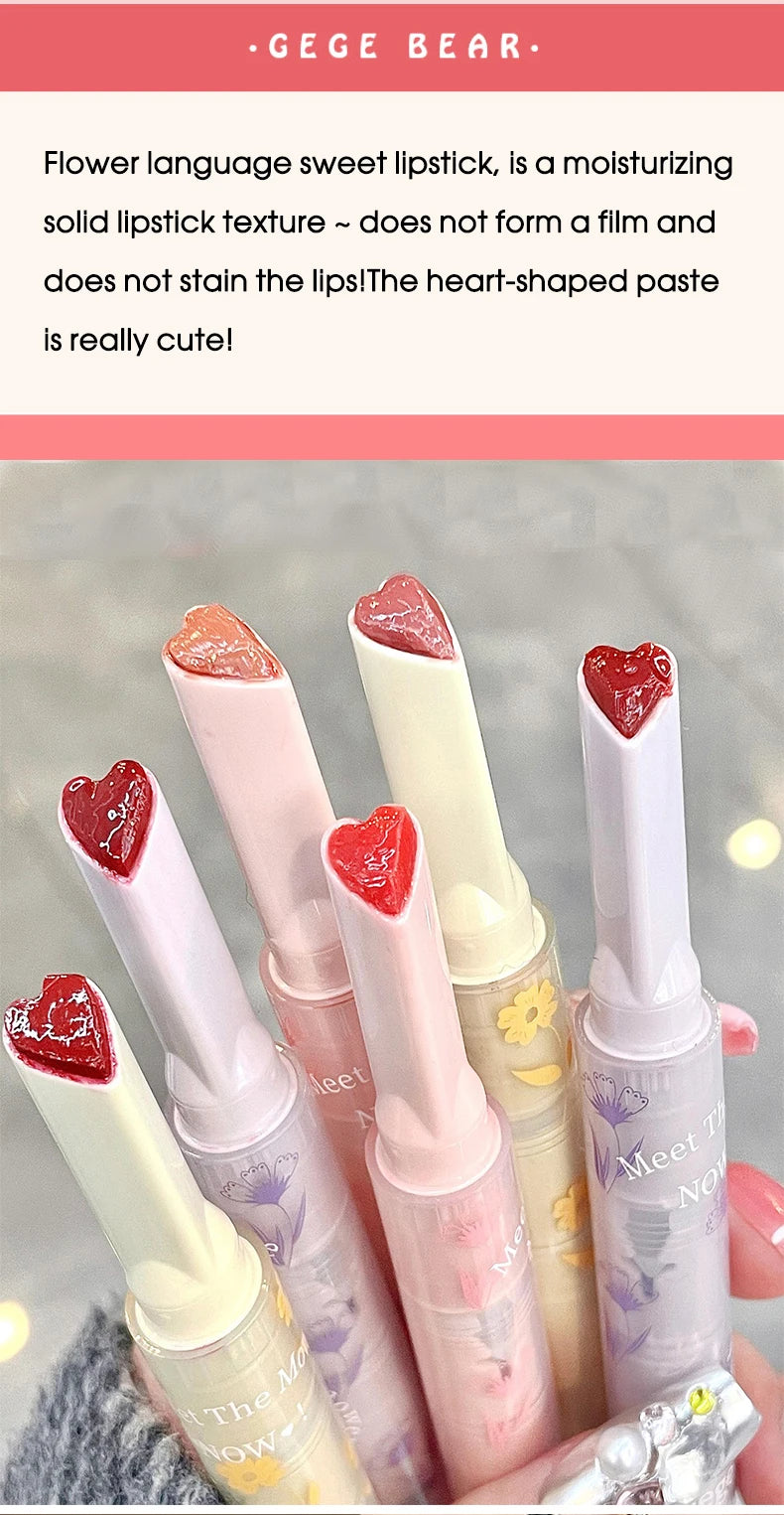 Gege Bear Floral Whisper Moisturizing Mirror Shine Lipstick — Glossy Jelly Finish, Heart-Shaped Bullet, Hydrating Lip Balm